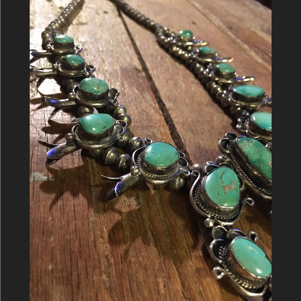Antique Beautiful ca1920s Squash Blossom Green Turquoise Necklace Sterling